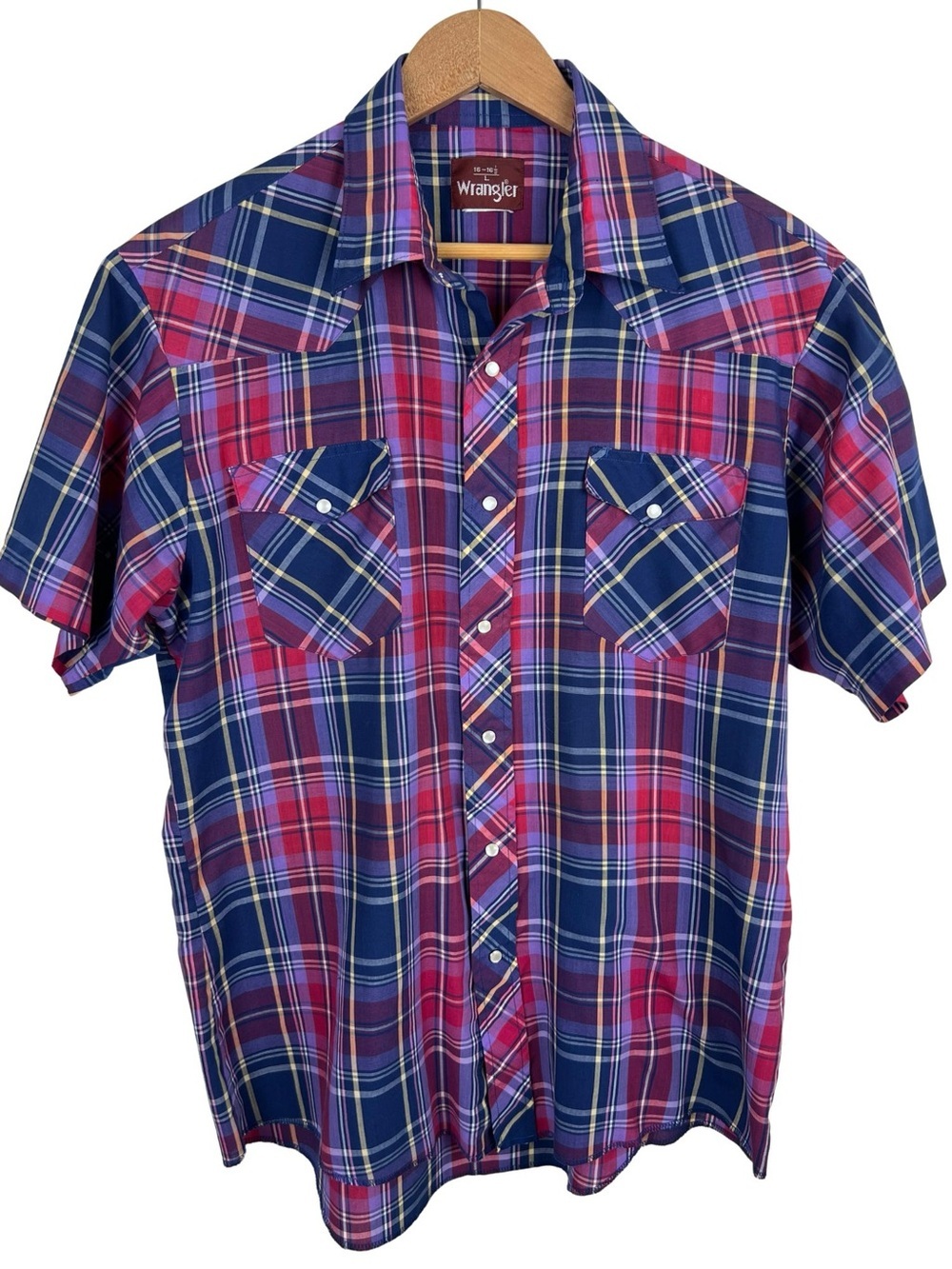 Vintage Wrangler Western Plaid Short-Sleeve Pearl Snap Shirt Men Large Cowboy